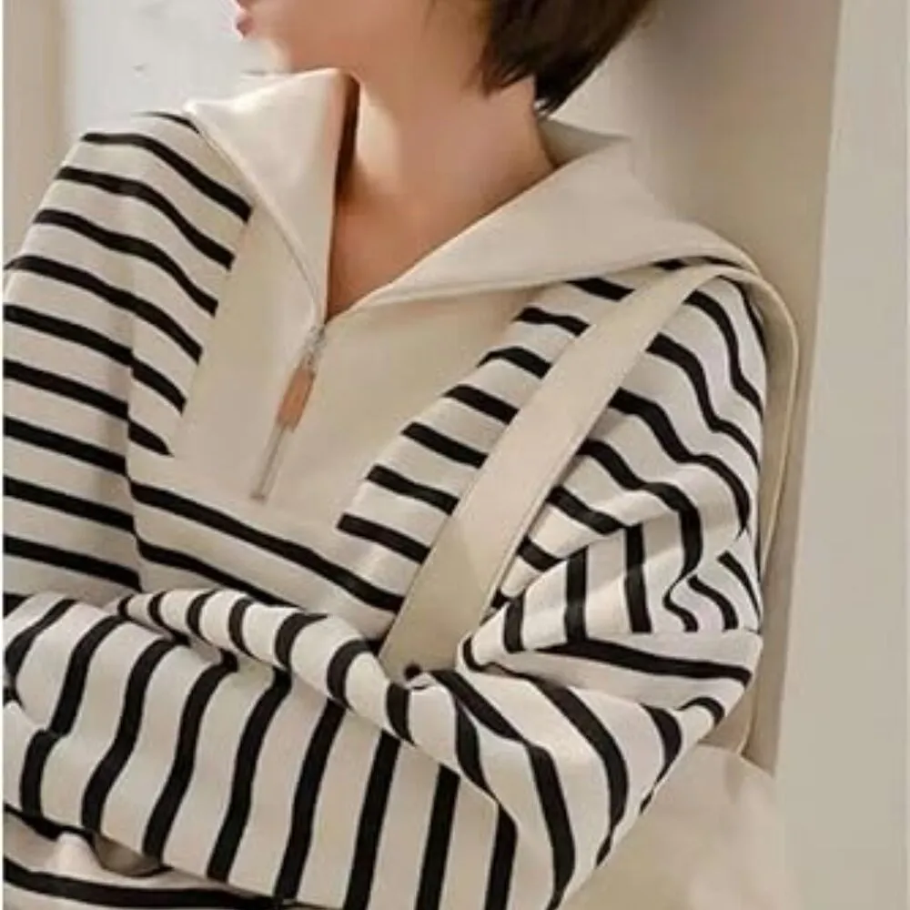 L'Academie Stripe Pattern Turtleneck Pullover Zipper Knitted Sweater Size Medium - Image 2