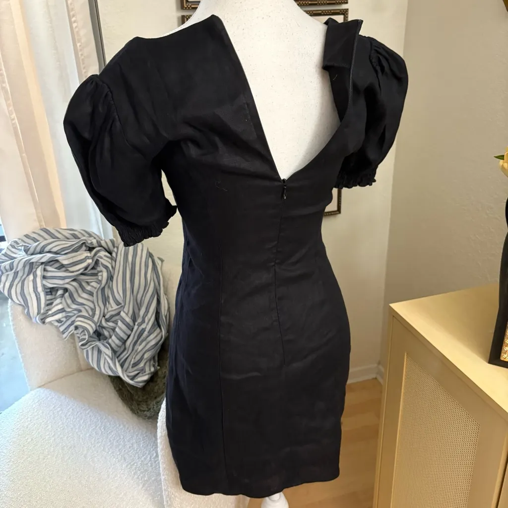 REFORMATION‎ Gina Dress In Black Linen Puff Statement Sleeves Size 0 - Image 5