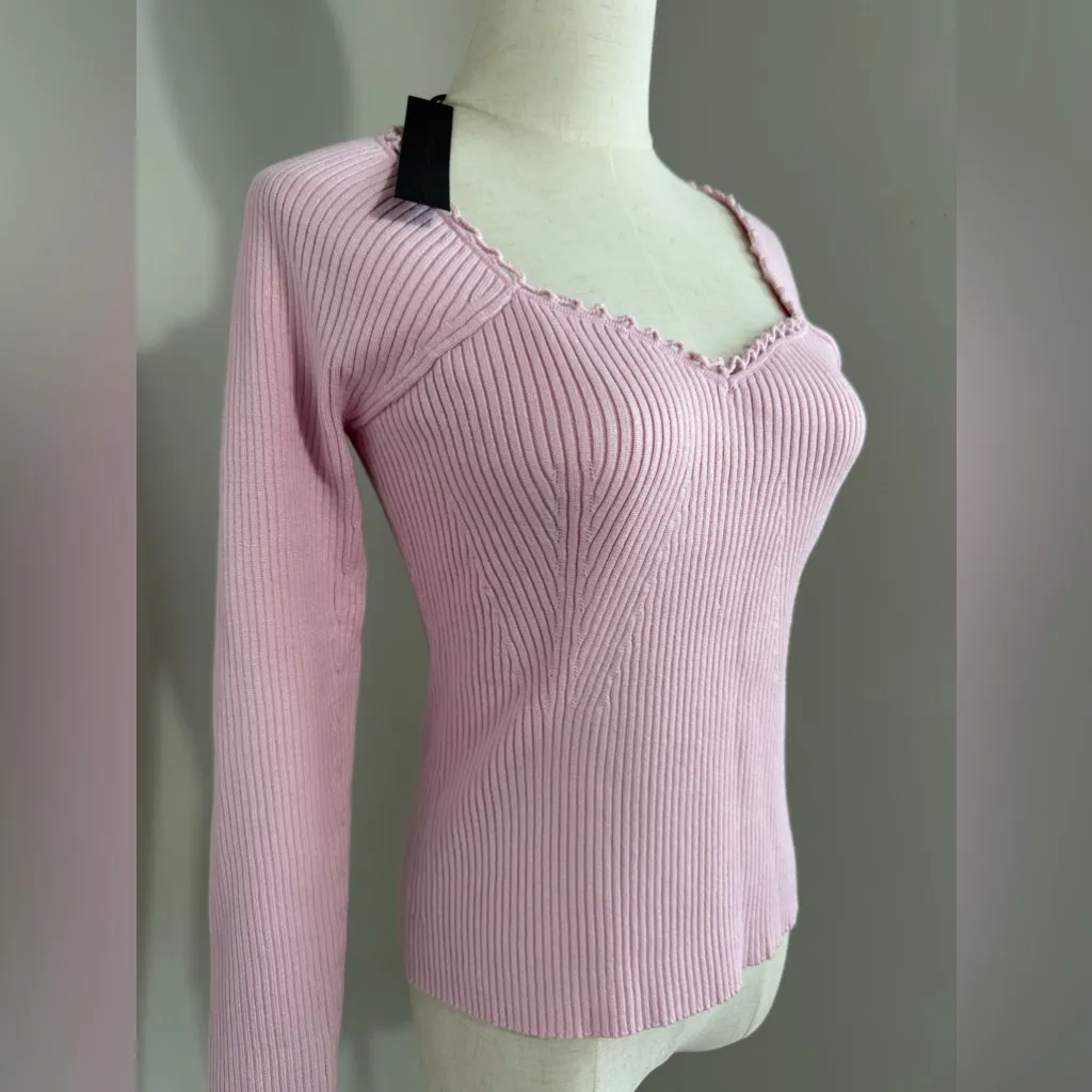 House of Harlow Pink Ribbed Sweater with Crochet Detail size medium - Image 3