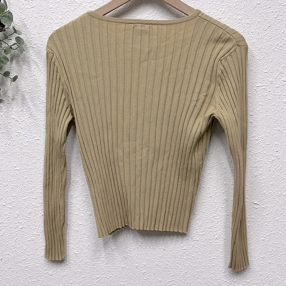 Y2K Talbots Womens Ribbed Knit Crop Top Small Petite Long Sleeve Nude Camel - Image 2