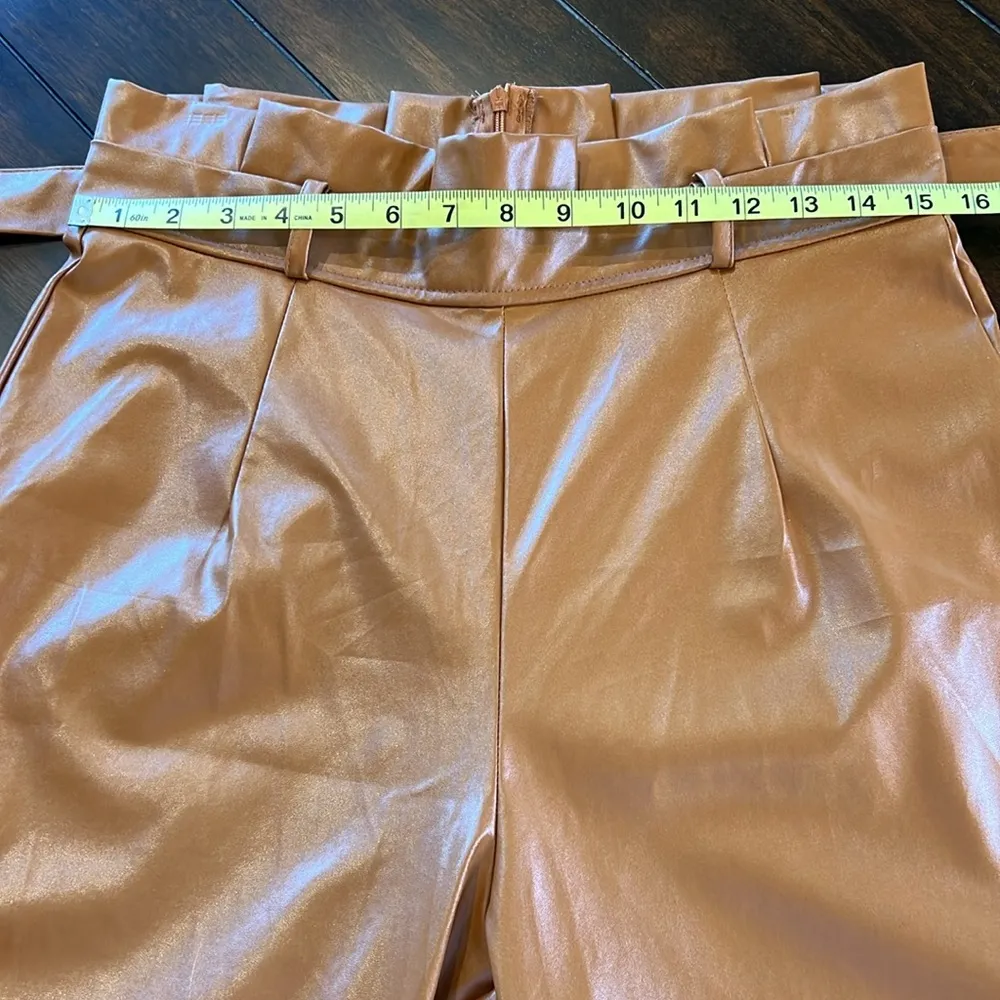 SHEIN High Waist Paper Bag Waist Brown Belted Faux Leather Pants Size Large - Image 10
