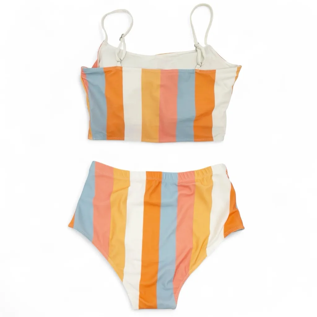 One Loved Babe Bikini Set Size Medium Retro Stripe High Waist Swim Two Piece M Orange - Image 3