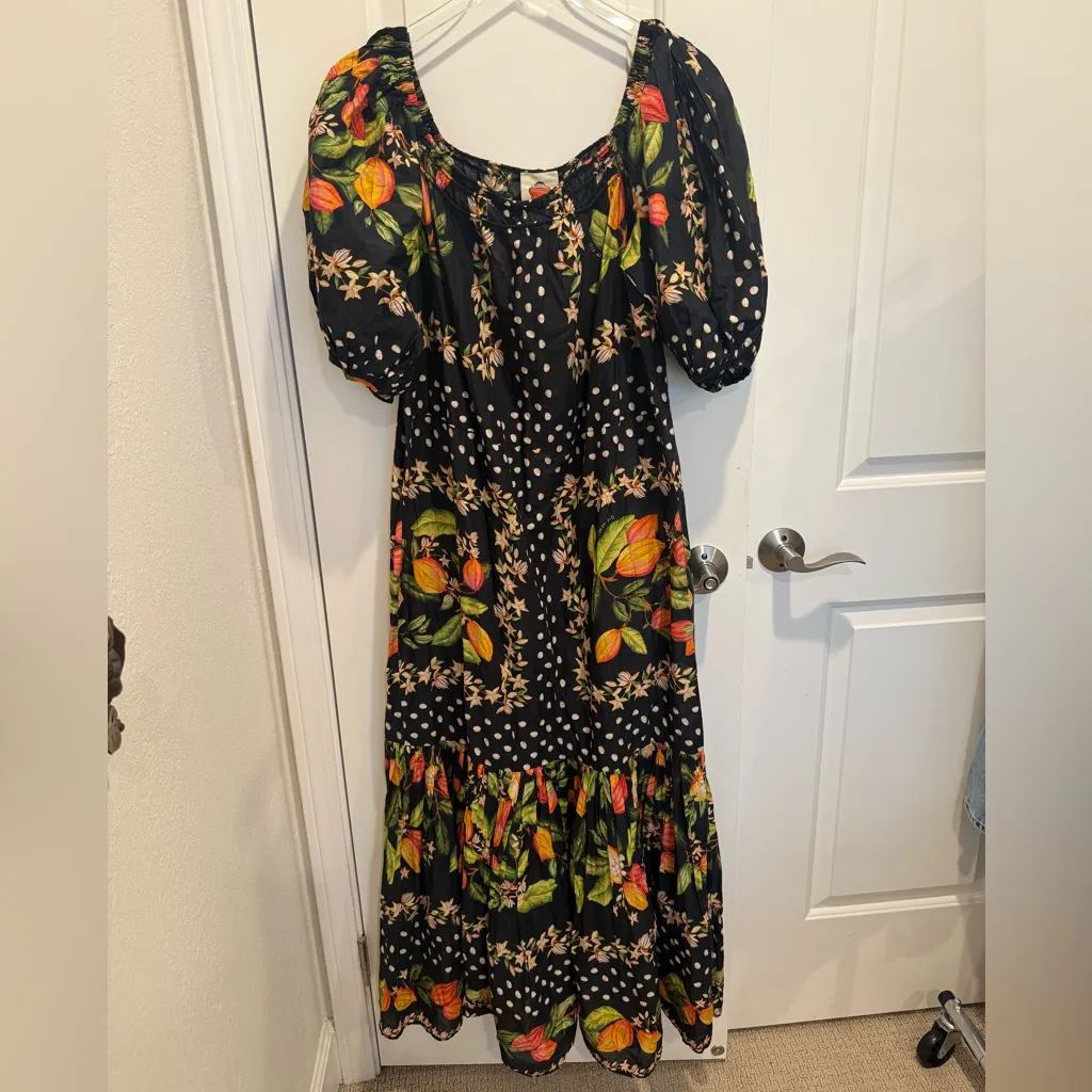 FARM RIO Cocoa Paradise Puff Sleeve Maxi Dress Tropical Fruit Black size Medium - Image 2