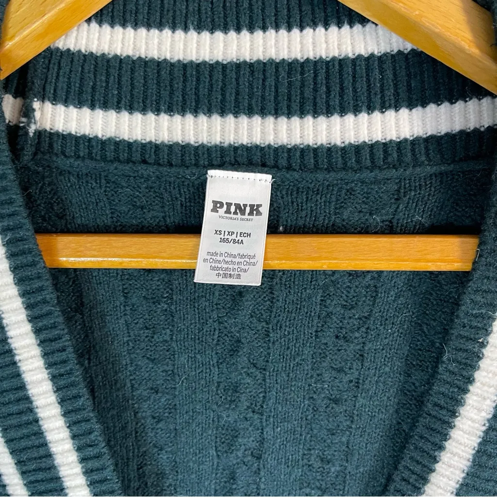 VS PINK Oversized Collegiate V-Neck Cardigan Green XS Dark Academia Preppy Y2K - Image 5