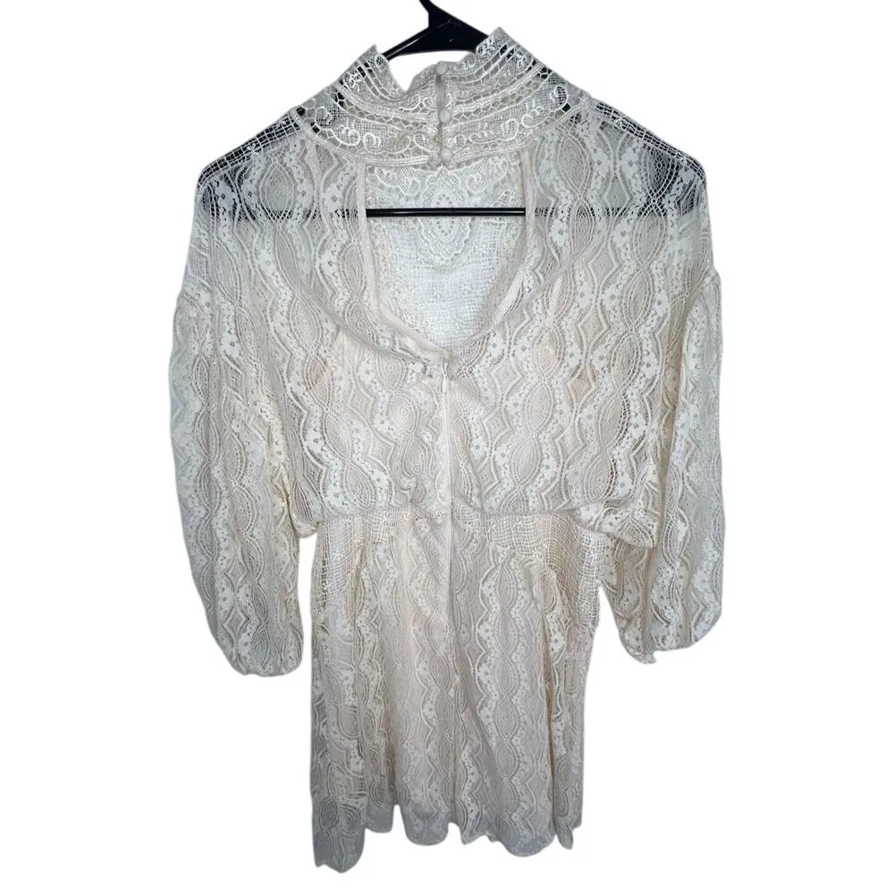 Free People Cream Half Sleeve Lace Mini Dress With Open Back - Image 5