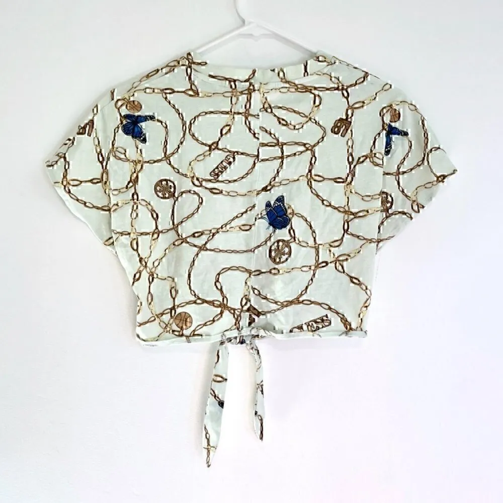 GUESS Dolly Bow Tee / All Over Print T-Shirt Chain Butterfly Tie Knot Crop Top - Image 9