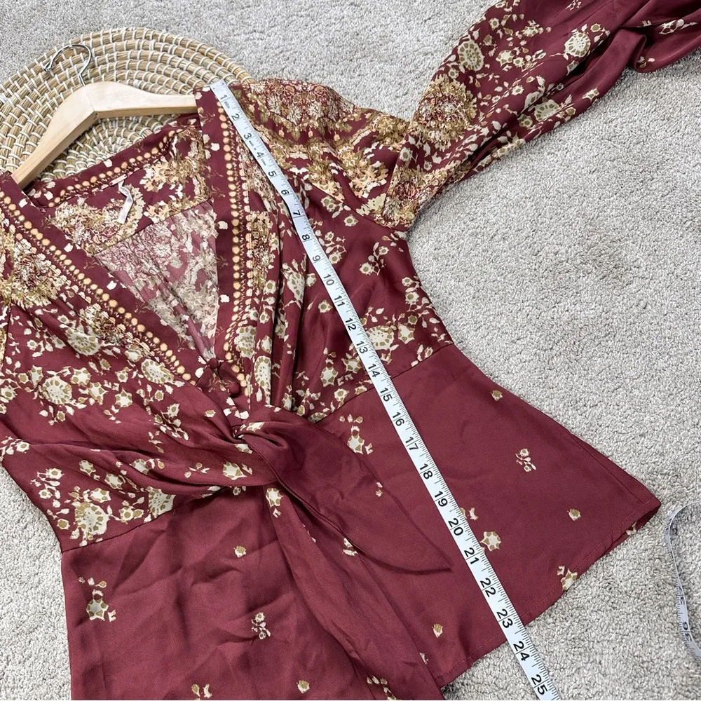 Free People Run Free Silky Satin Blouse Top V-Neck Longsleeve Chocolate Combo M - Image 15