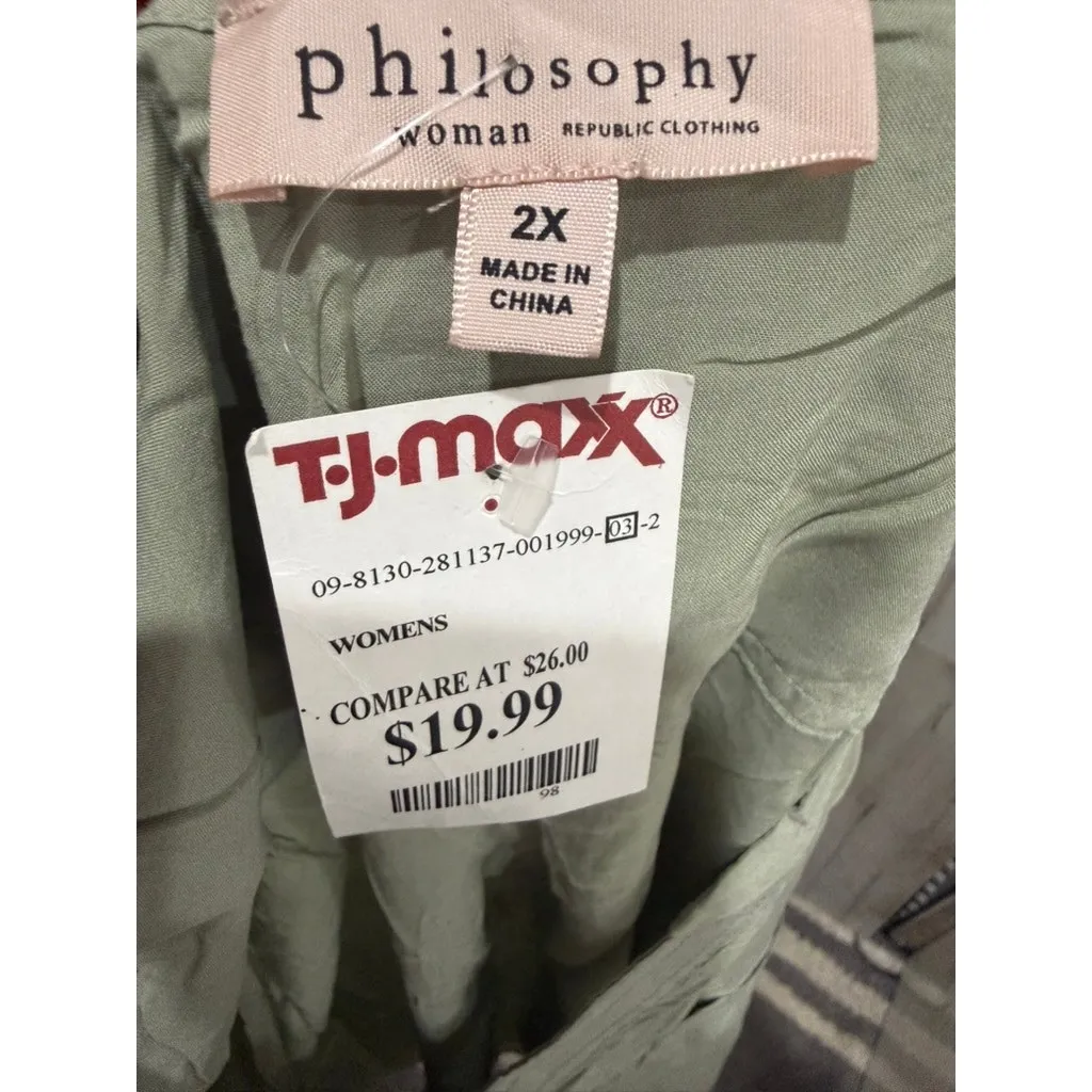 NWT Philosophy Woman Blouse Womens 2X Sage Green Tunic V-Neck Roll Tab Sleeves - Image 3