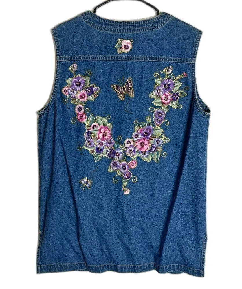 Vtg haiks embroidered floral butterflies button up denim vest long size small Blue - Image 9