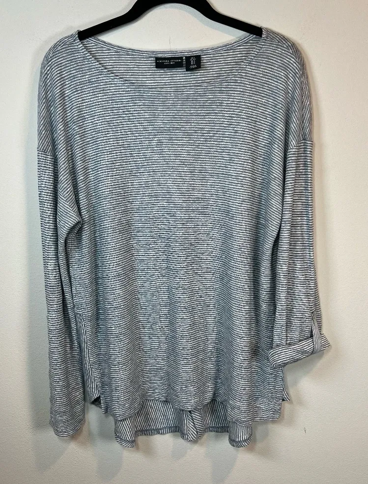 Adrienne Vittadini Striped Linen Tunic Blouse Blue White Roll Tab Sleeves Small - Image 1