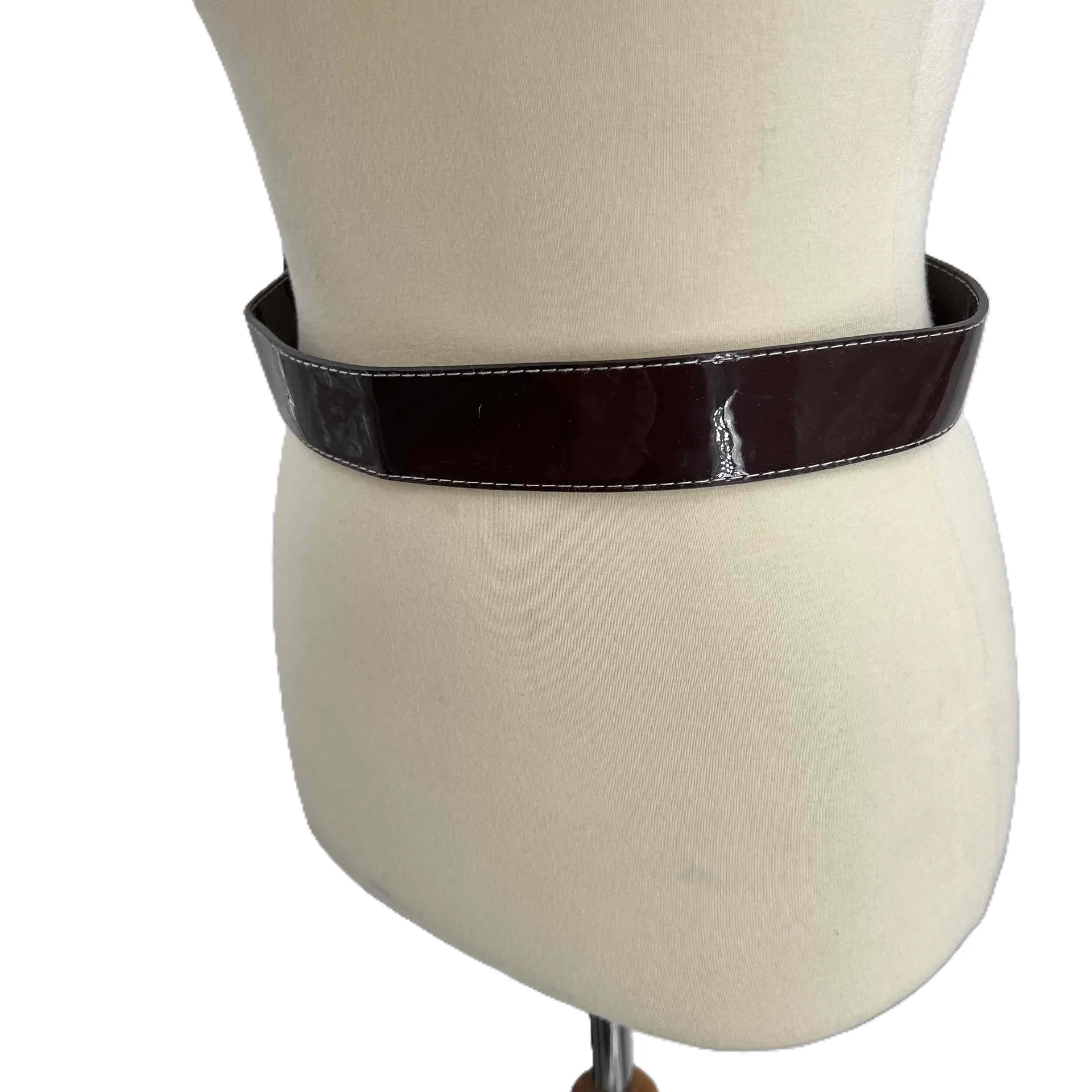Alice + Olivia Brown Large Buckle White Stitching‎ Glossy Belt Womens Medium - Image 3