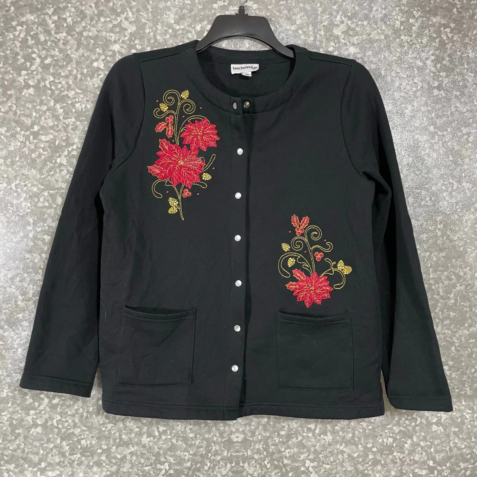 Breckenridge Women's Black Floral Embroidered Cardigan Granny Sweater - Medium - Image 1