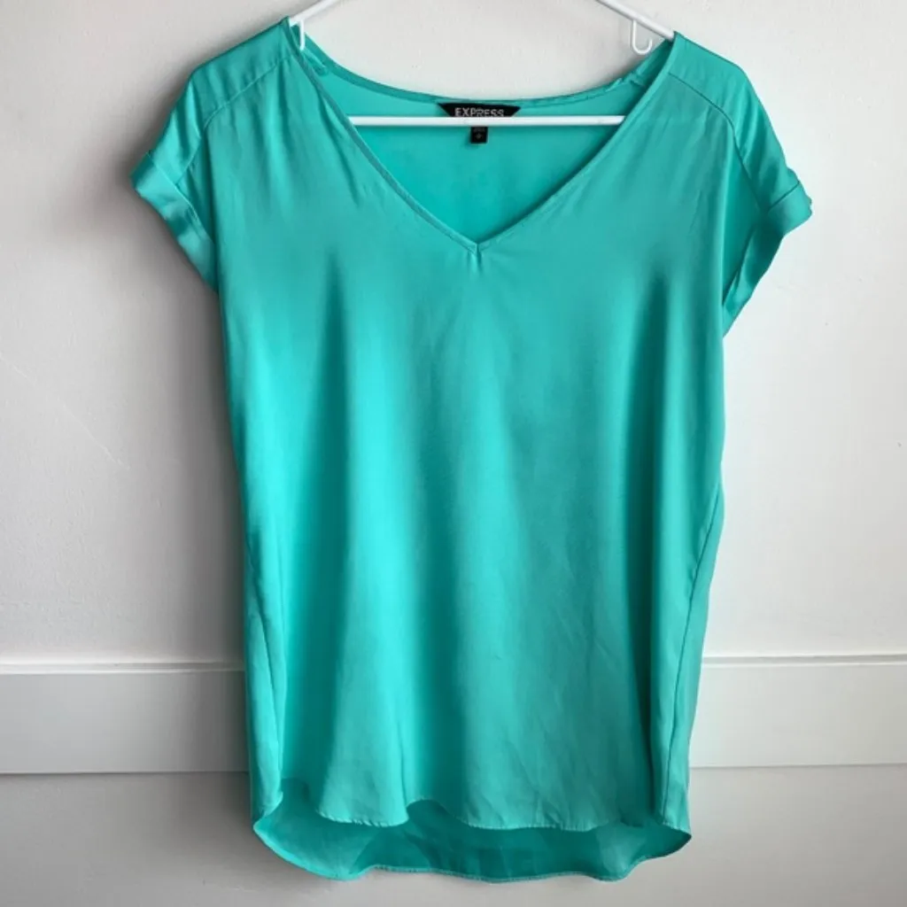 EXPRESS Turquoise V-Neck Short Sleeve Blouse - Image 2