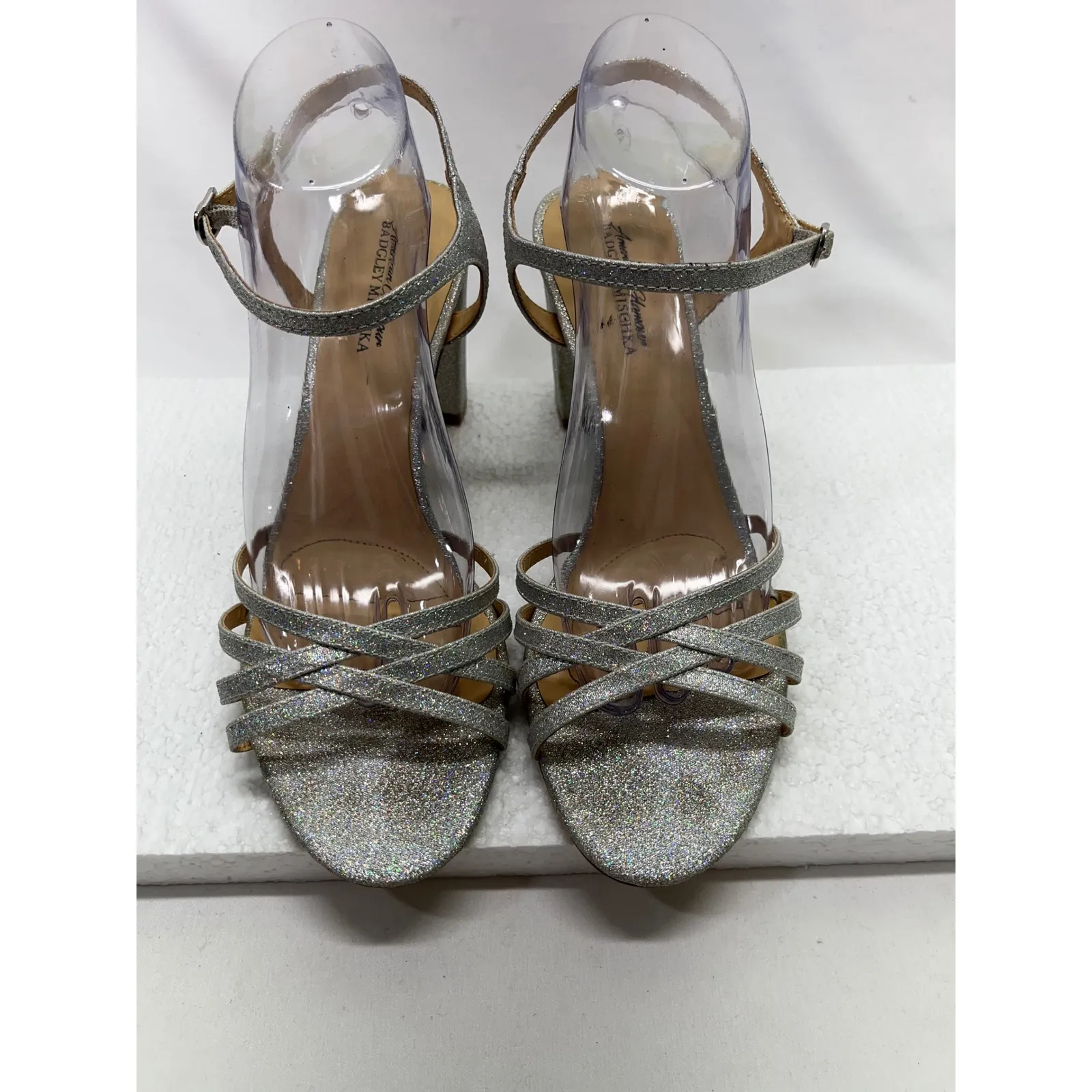 Badgley Mischka Silver Glitter Block Heel Sandals Sparkle Dress Women's Size 11 - Image 2