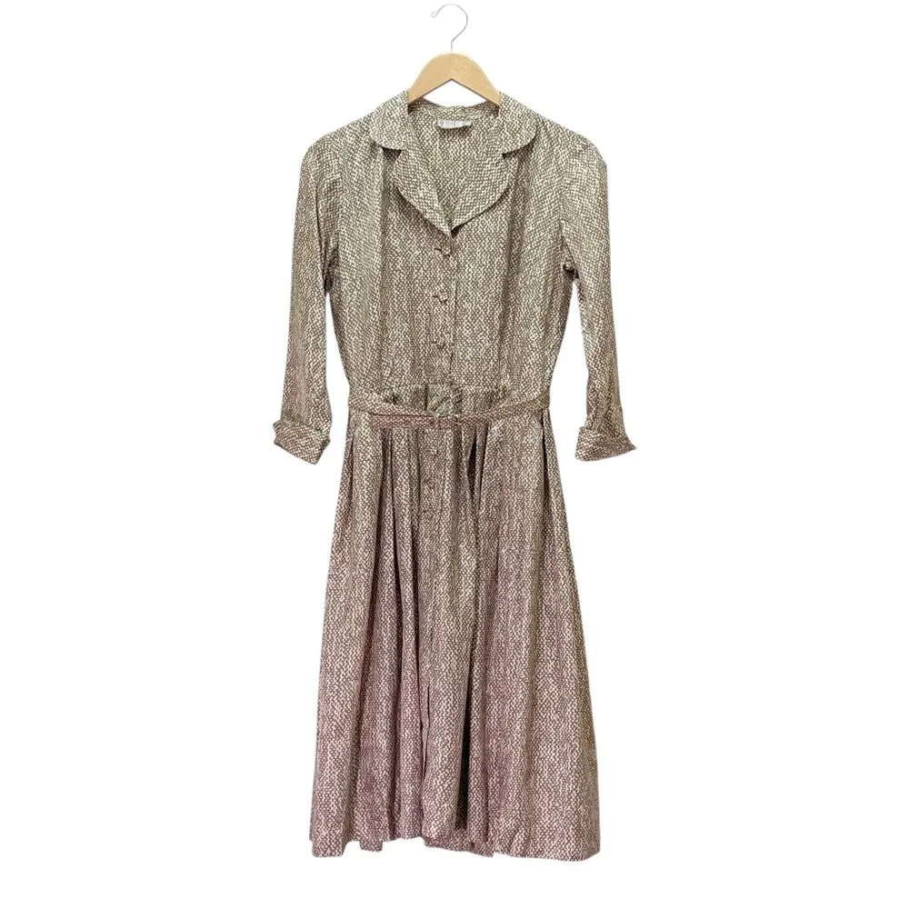 Vintage 1950s L’Aiglon Tan White Abstract Print Shirtwaist Dress Belted Size 14 - Image 10