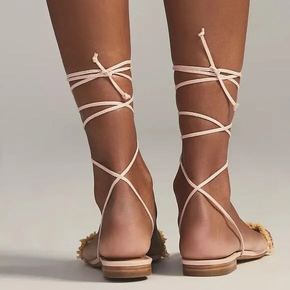 Anthropologie Embellished Tie Up Pink/Rose Raffia Square Toe Sandals New in Box‎ - Image 7