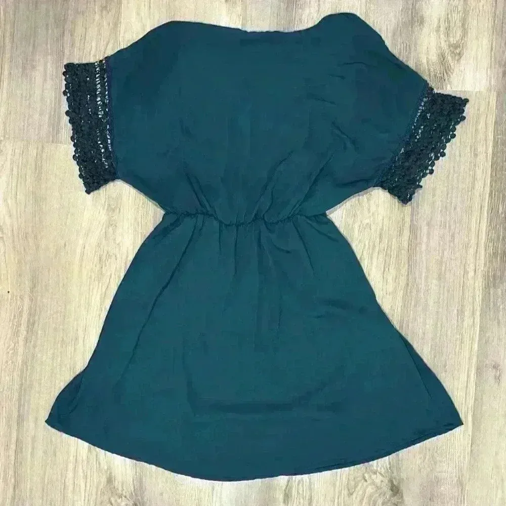 Altar’d State Mini Short Sleeve Dress Teal Crochet Hem Elastic Waist Size S - Image 4