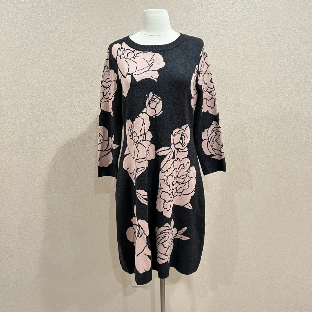 Calvin Klein Charcoal Fit & Flare Sweater Dress with Blush Florals Size Large - Image 3