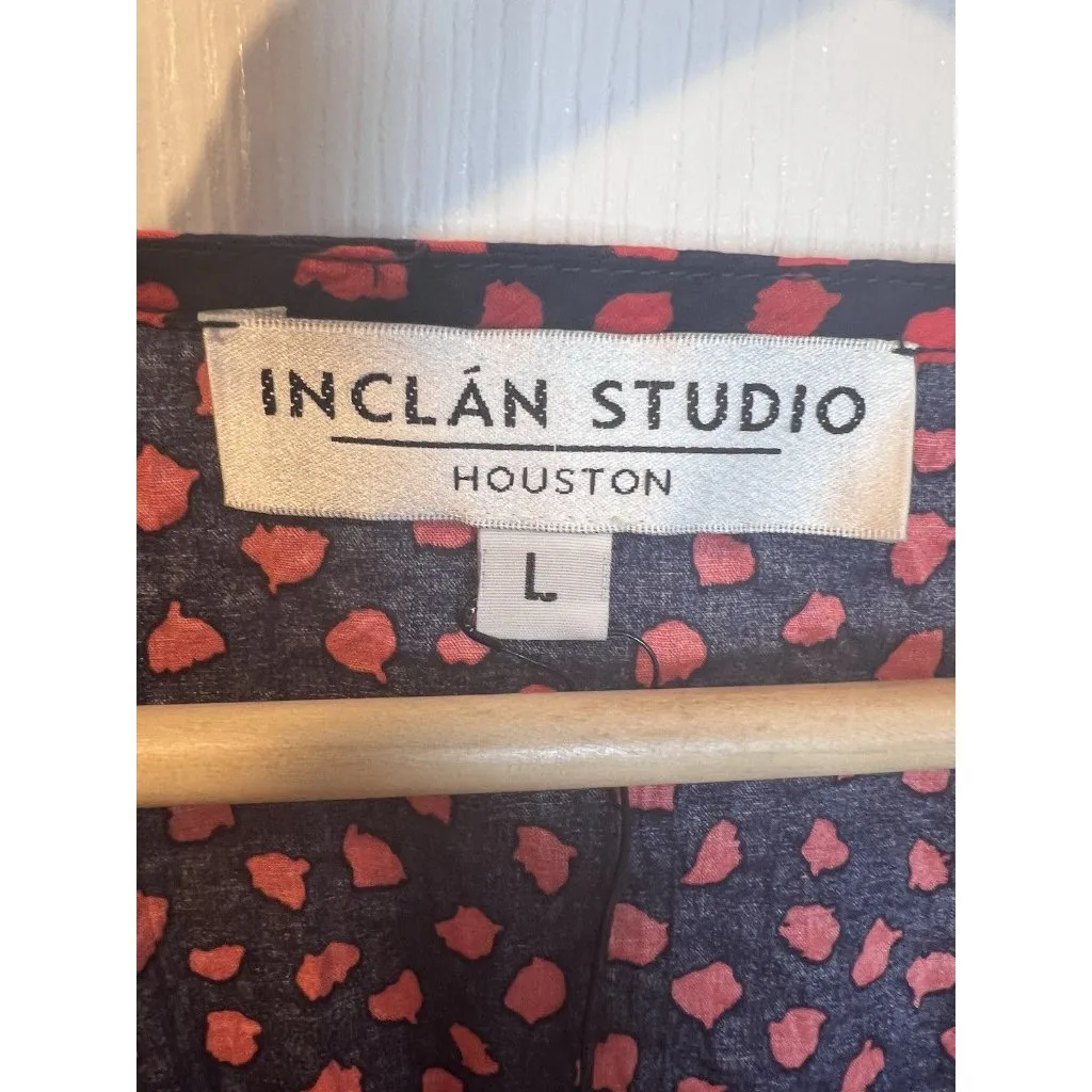 Inclan Studio Red Navy Blouse Top L 100% Cotton Short Sleeves Tie Waist V - Image 4