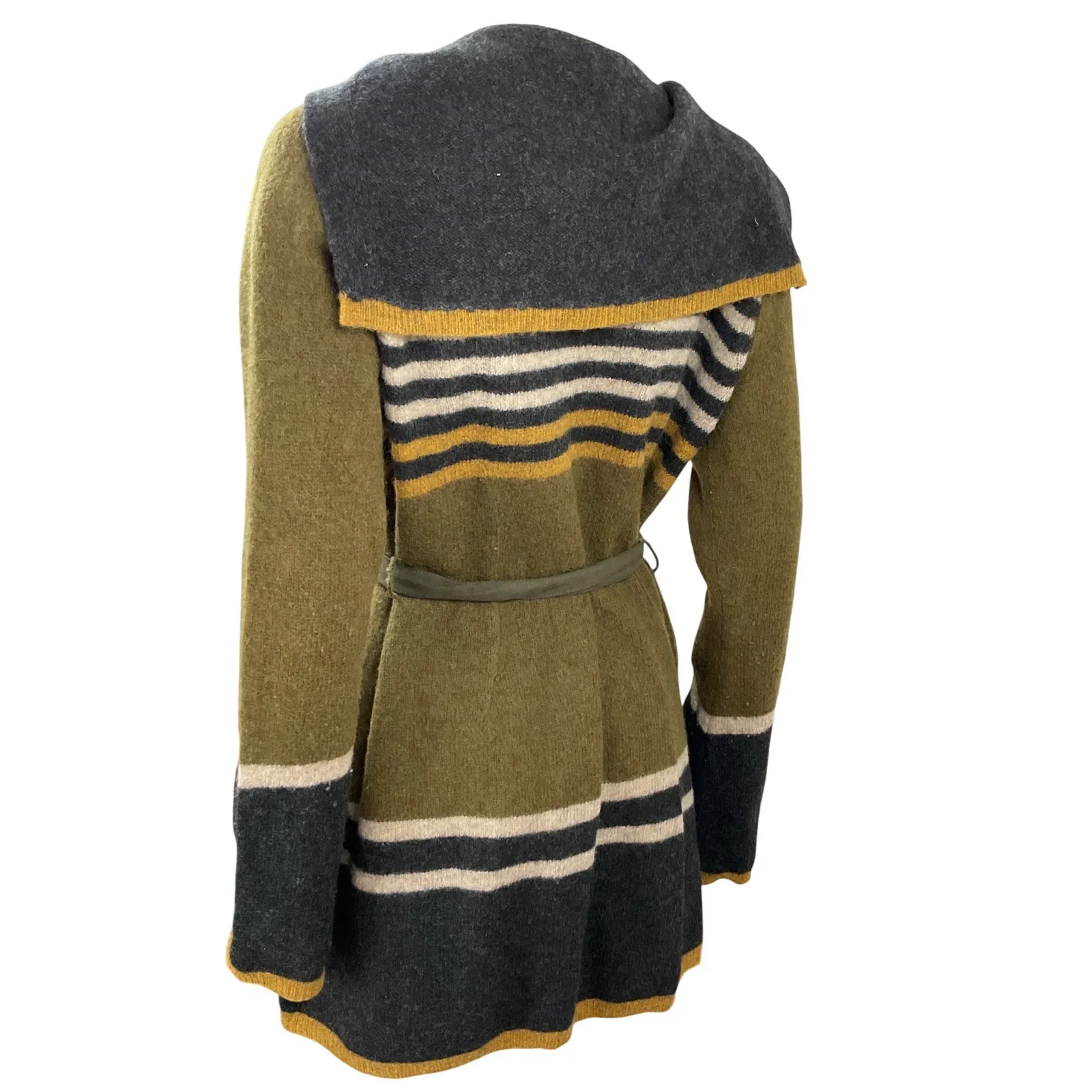 Angel of the North Striped Belted Cardigan Sweater Olive Green Grey Mustard M Size M - Image 3