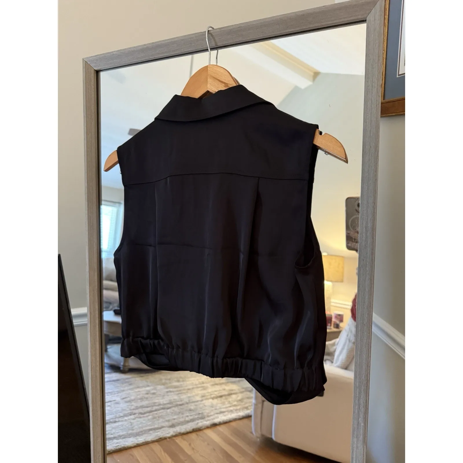 Rachel Zoe Black Sleeveless Wrap Top Collared Satin Blouse Small - Image 4