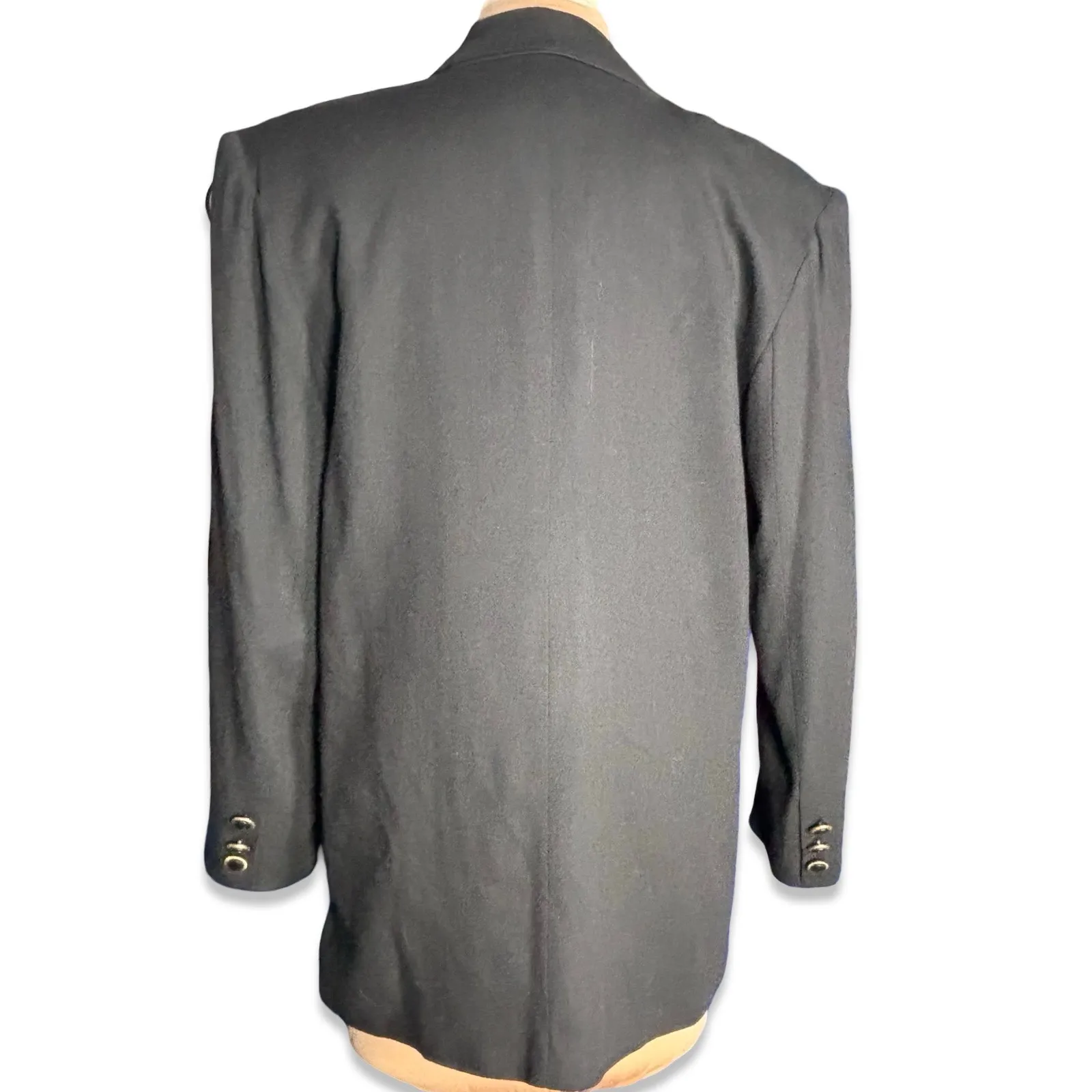 Vintage 80s Oversized Black Wool Blazer Lace Overlay Burgundy Satin Lapel Artsy Size L - Image 5