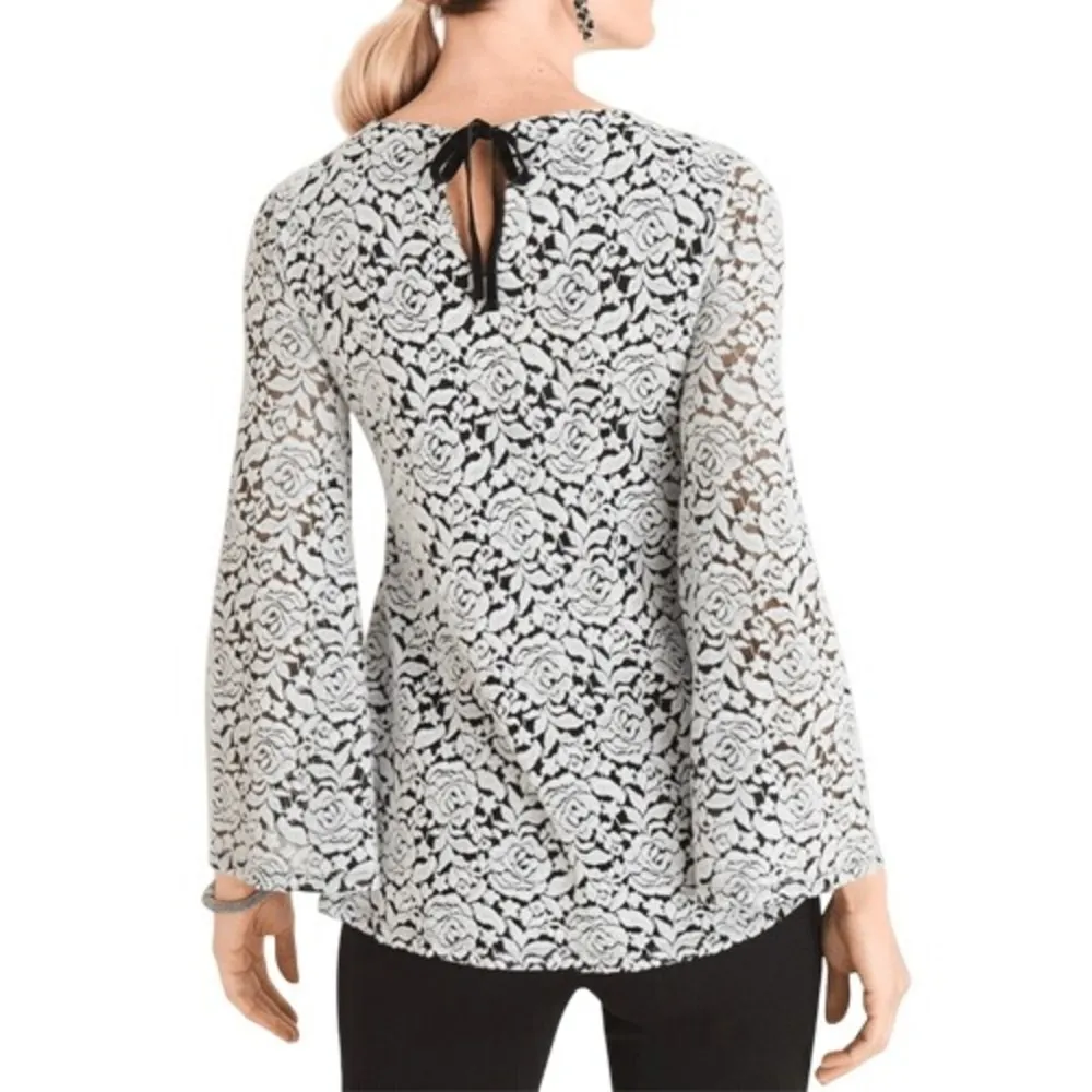 Chico's Black White Textured Floral Bell Sleeve Flowy Top Blouse 3 = XL Feminine - Image 3