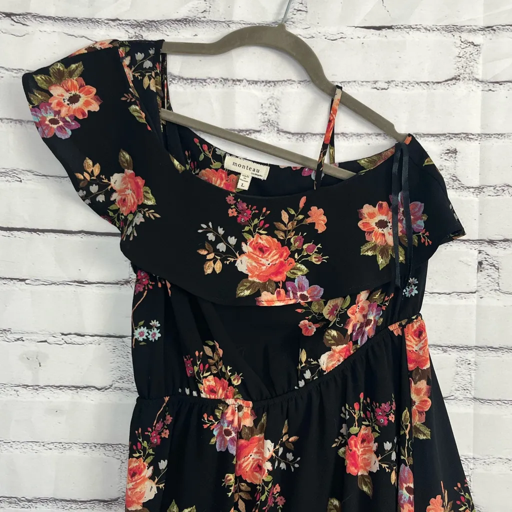 Monteau Black Floral Fit & Flare Mini Dress Women’s Large Short Sleeve Orange - Image 5