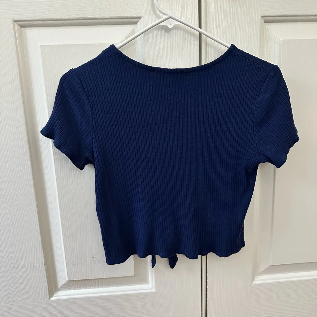 Copper Key Dark Blue Ribbed Tie-Front Cropped Tee - Image 2