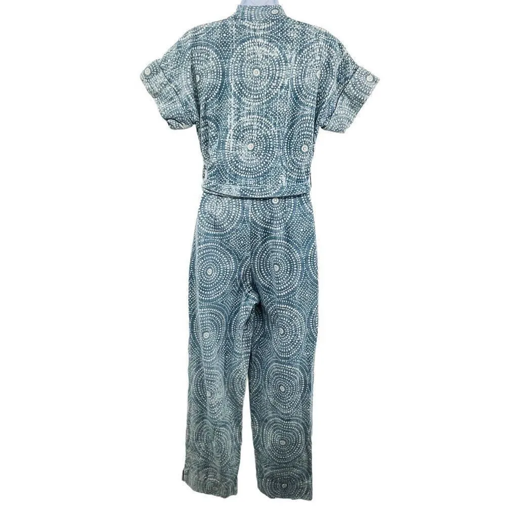 Cleobella Tominaga Indigo Print Short Sleeve Tie Waist Cropped Jumpsuit Romper - Image 7