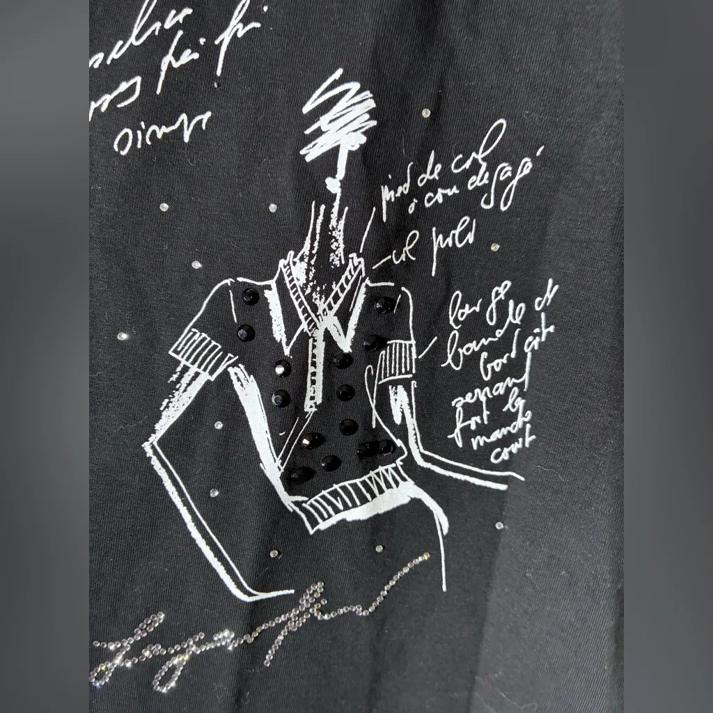 NWOT KARL LAGERFELD Black Graphic T-Shirt with White Sketches and Bling!!! - Image 5