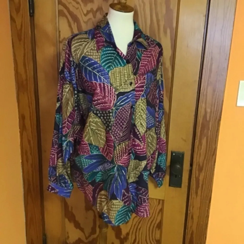 Vintage 80s Leaf Print Button Down Shirt Multicolor Long Sleeve Size 16 - Image 5