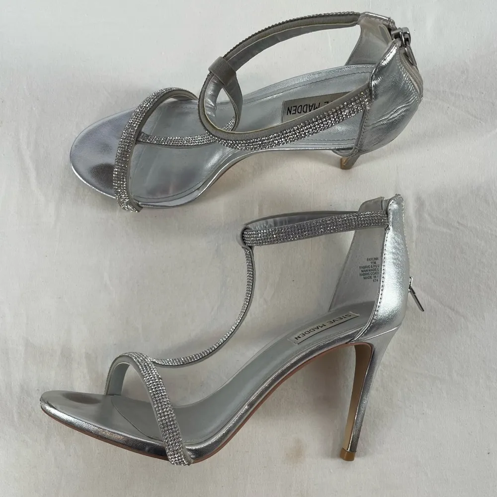 Steve Madden Faylinn Rhinestone Embellished T Strap Stiletto‎ Heels in Silver 11 - Image 2