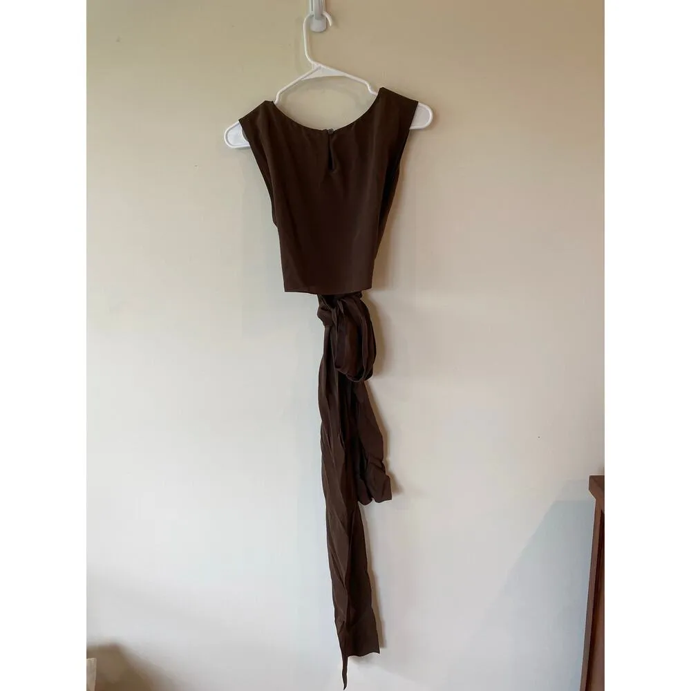 Oscar De La Renta Sleeveless Tie Waist Top 100% Silk Brown Women's Size 10 - Image 4