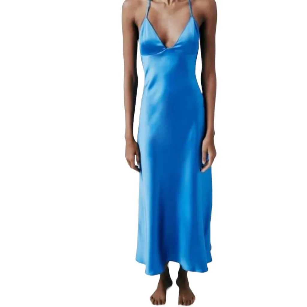 ZARA - Blue Satin Open Back Slip Dress Cobalt Midi Slip Dress Sz XL - Image 2