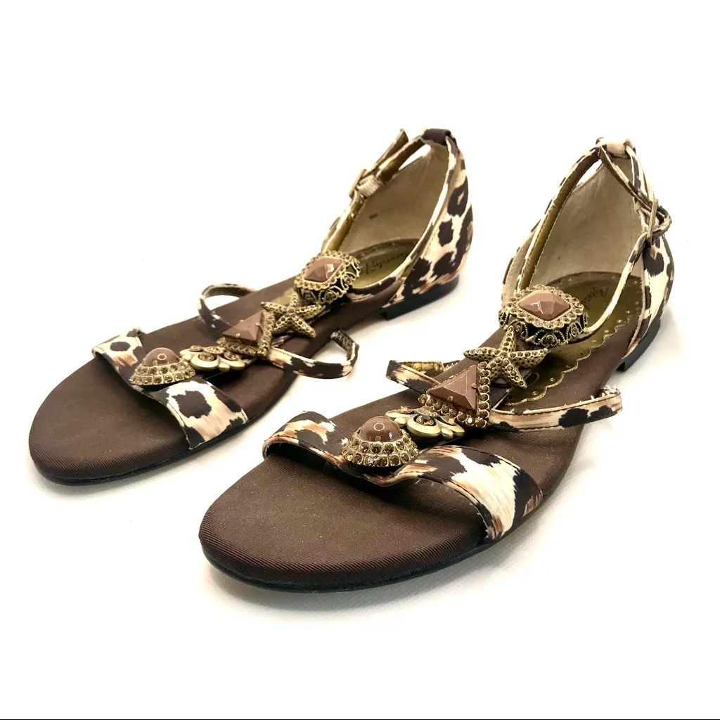 BEVERLY FELDMAN JEWELED ANIMAL PRINT AND OCEAN THEMED BROWN SANDALS (6) - Image 6