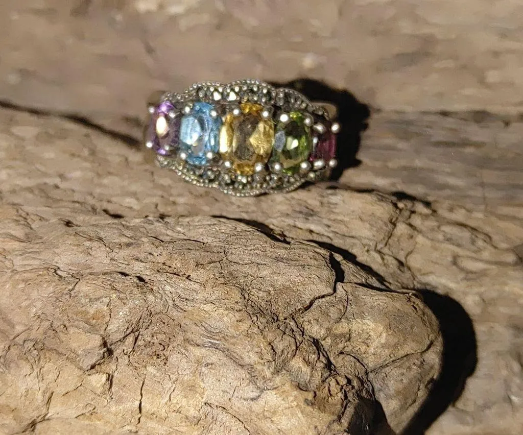 Vintage Marcasite Sterling Silver 925 Ring Prong Multi Colored Gemstones Stamped - Image 11