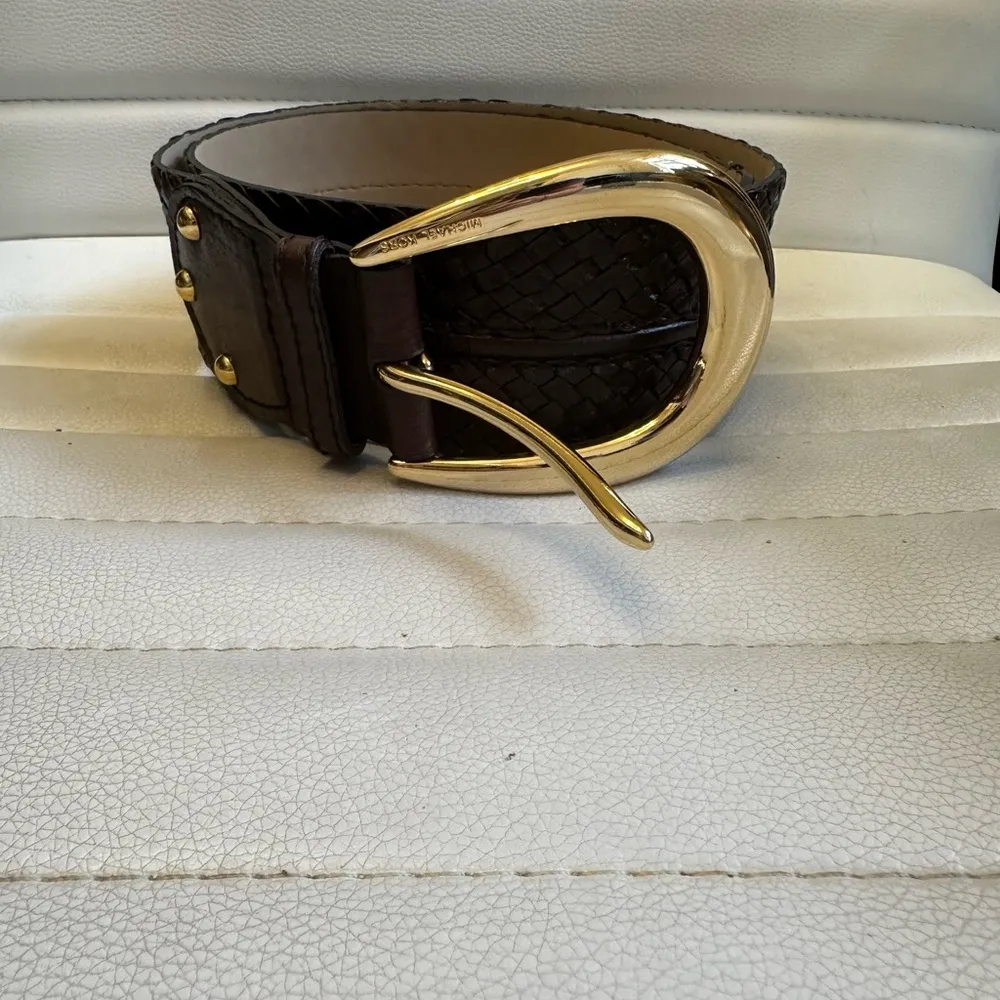 MICHAEL Michael Kors Brown Leather Wide Braided Belt Large Gold Buckle L - Image 6