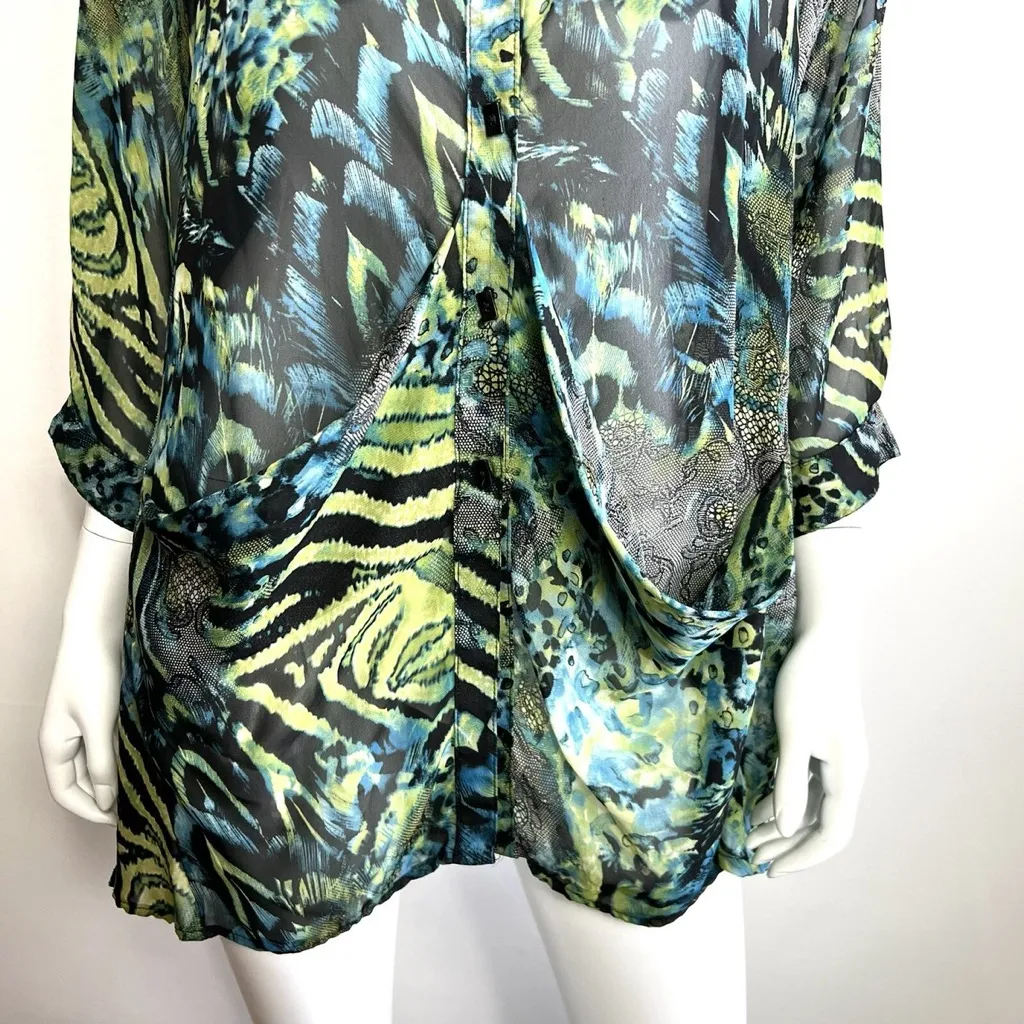IC by Connie K Peacock Print 3/4 Sleeve Sheer Pockets Blouse Womens Medium Blue - Image 4