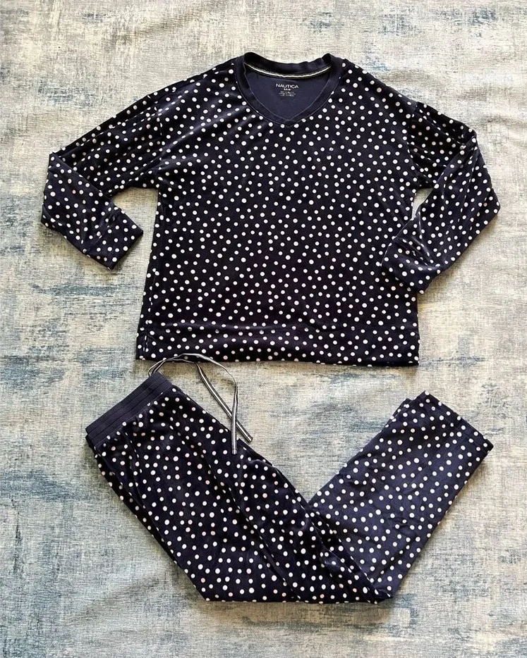 Nautica Navy Blue Polka Dot Plush Velour Pajama Set Women's Small - Image 1