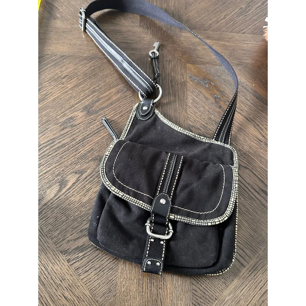 Fossil Black Crossbody Canvas Bag Embroidered Floral Patch & Adjustable … - Image 2