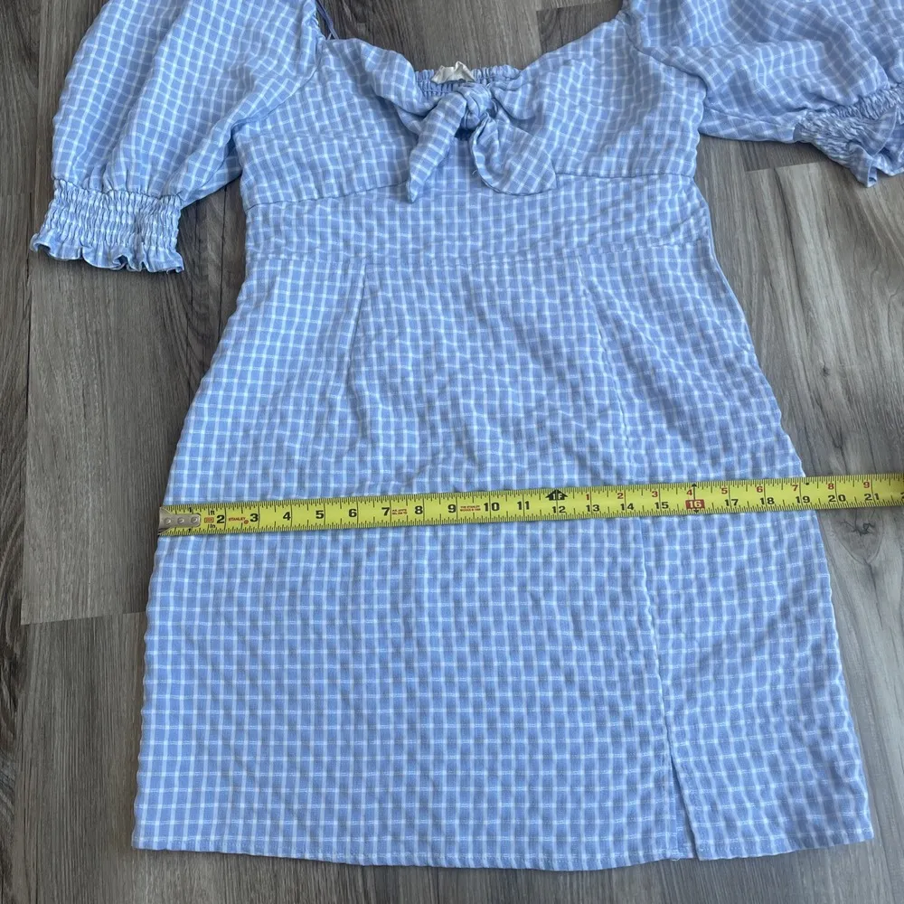Altar'd State Puff Sleeve Plaid Checkered Mini Dress L Blue Babydoll Tie Front‎ - Image 6