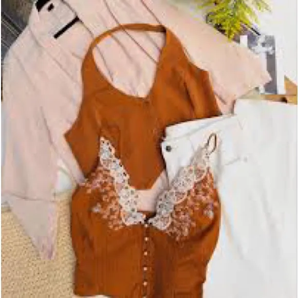 Free People Cottagecore Camisole pearls Elegant Lace Trimmed Brown Top NWT XS - Image 7