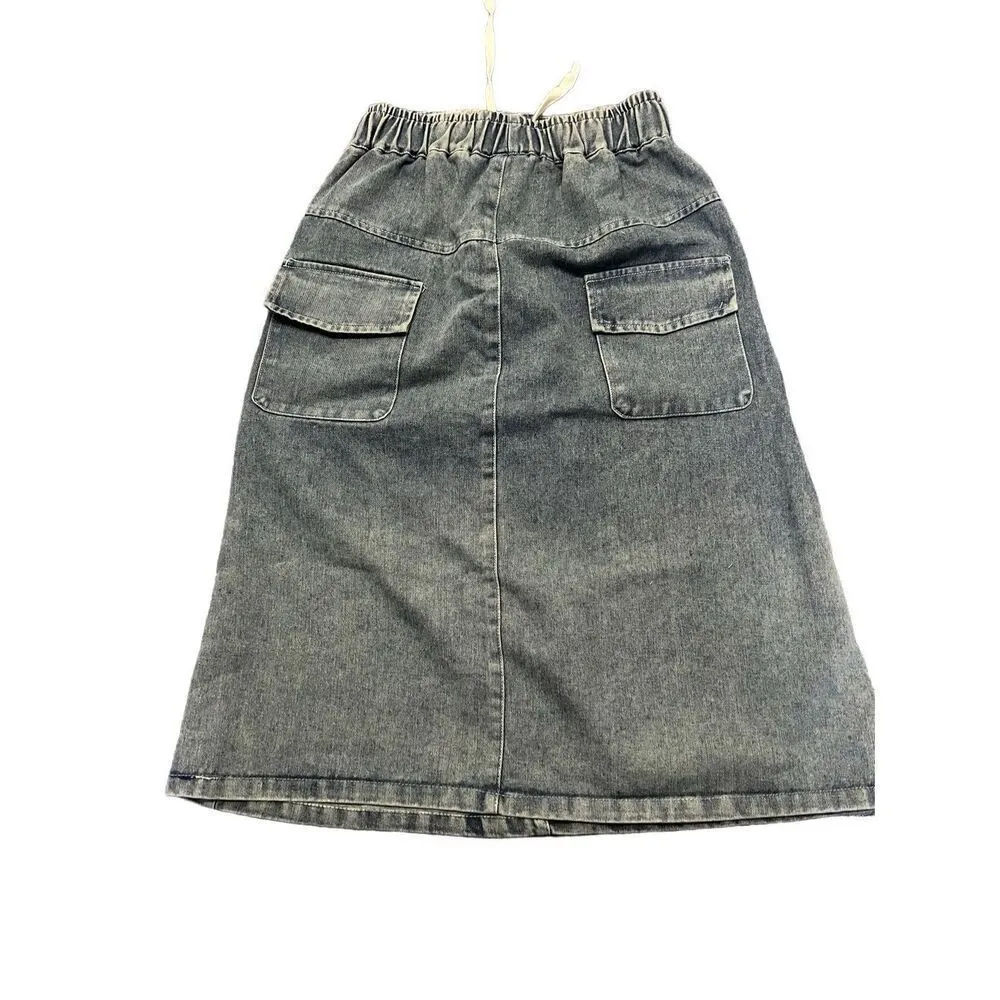 Jean Midi Skirt vintage looking elastic waist pockets sz M Blue Size M - Image 2