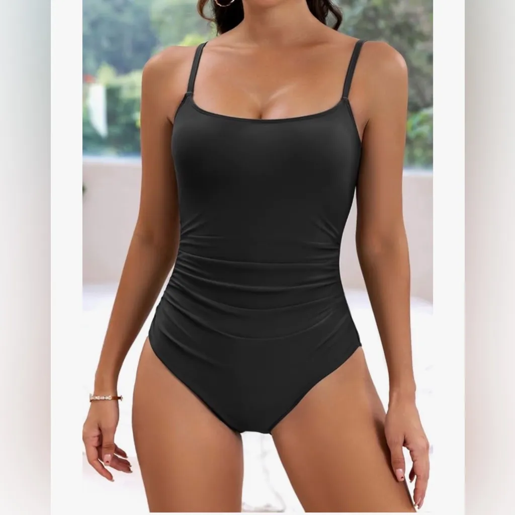 NEW 1 Pc Swimsuit Bathing Suit 1 Piece Swimwear Tummy Control Ruched Small Black - Image 5
