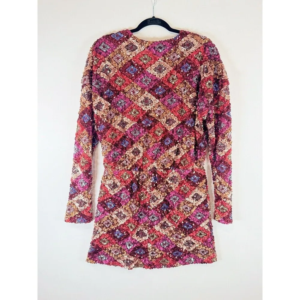 Endless Rose Women Dress Pink Mini V Neck Overall Sequin Long Sleeve Party Large - Image 3