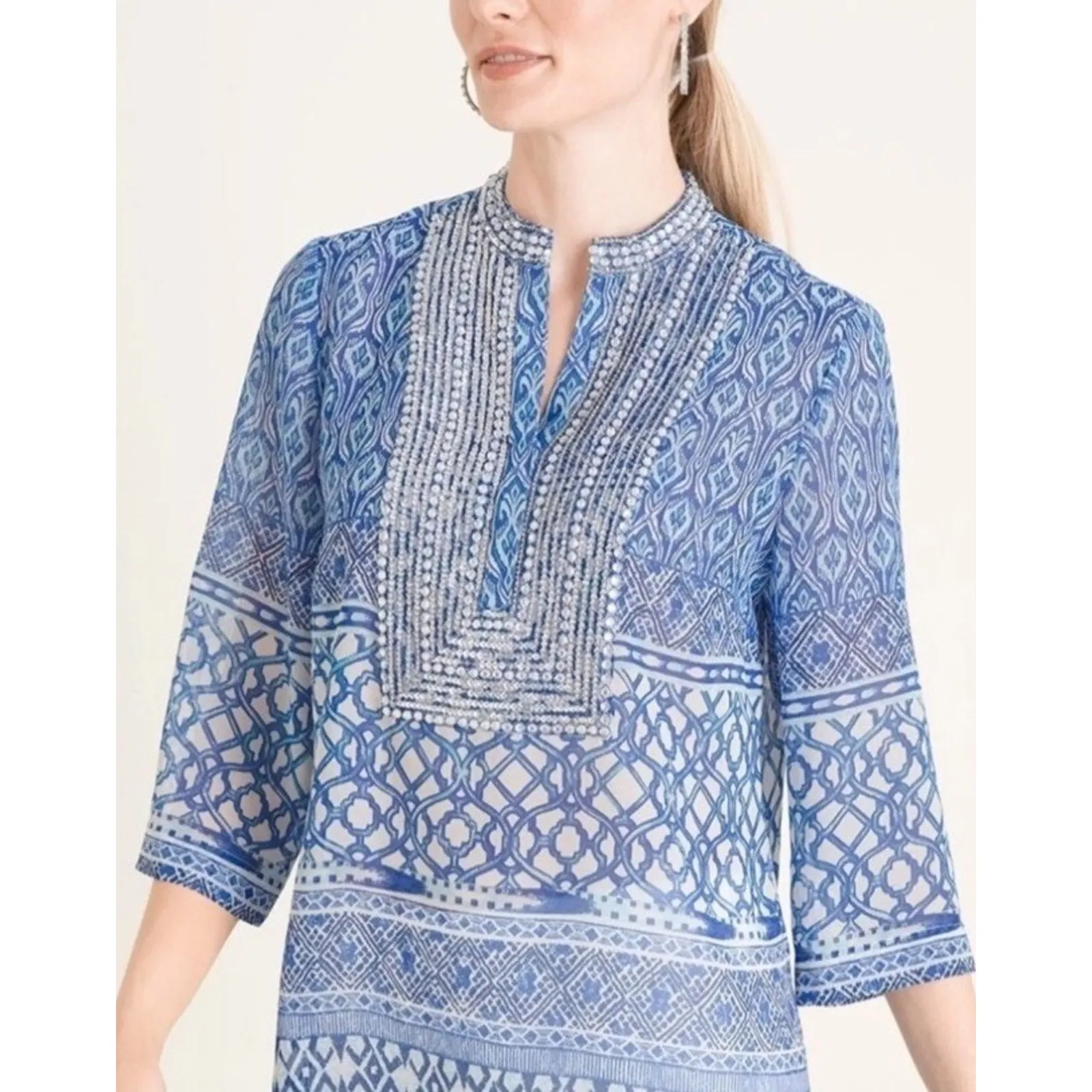 Chico’s Tunic Size 12P Seaside  Sheer Rhinestones Blue White Black Blouse Beach - Image 2
