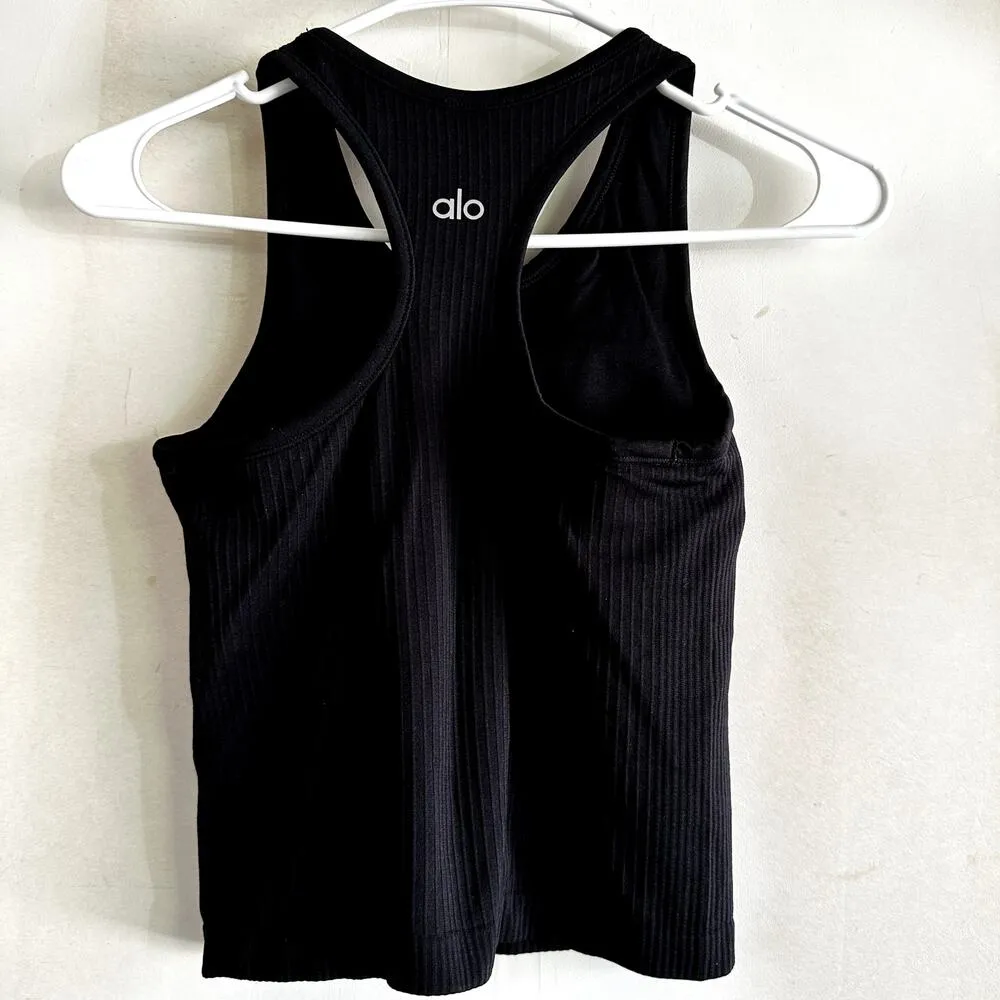Alo Yoga Ribbed Crop Top Racerback Built in Sports Bra Workout Black XSmall - Image 3