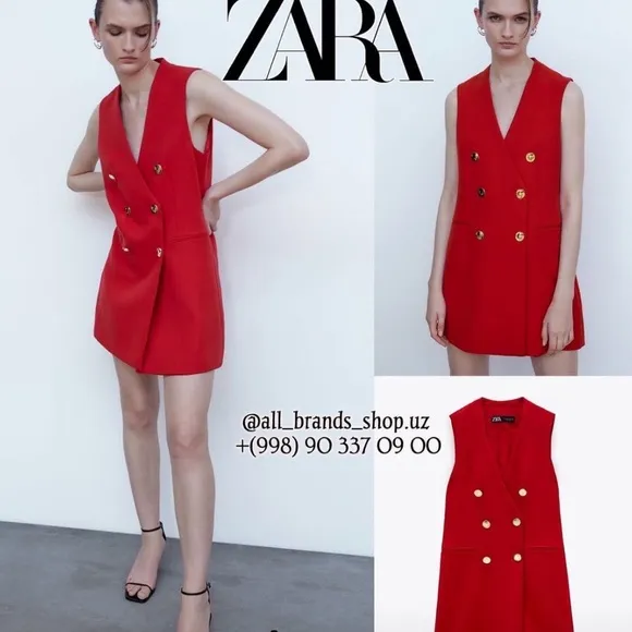 Zara Red Sheath Mini Dress Sleeveless Scoop Neck Cocktail Gold Buttons XS New - Image 2