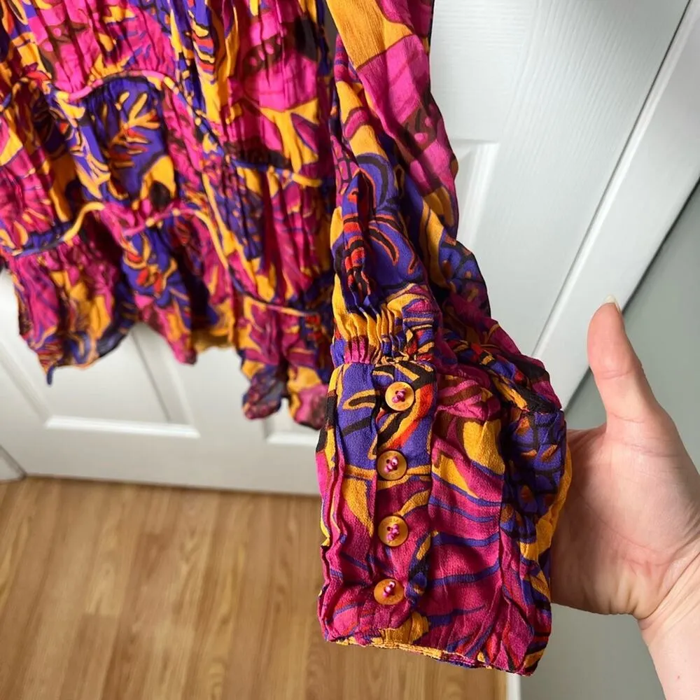 FARM Rio Floral Long Sleeve Key Hole Tiered Yellow Fruit Dream Mini Dress S - Image 3